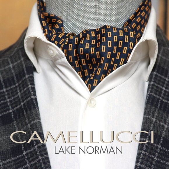 Men's Cravat Ascot 100%silk Gift Box Black Navy Gold Ornament A208